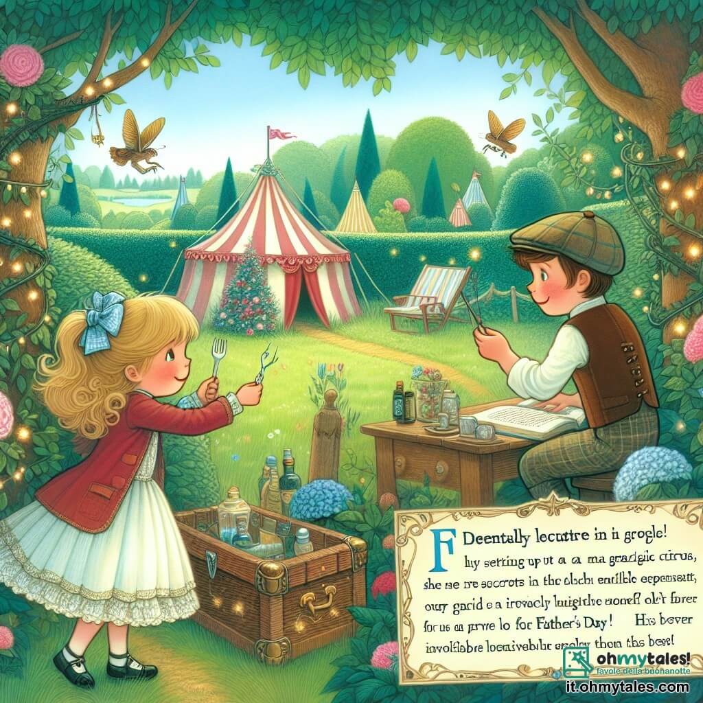 Une illustration destinée aux enfants représentant une jeune fille créative et débrouillarde, préparant en secret un cirque magique dans son jardin luxuriant pour la Fête des Pères, avec l'aide précieuse de son meilleur ami, un garçon ingénieux et plein d'enthousiasme.