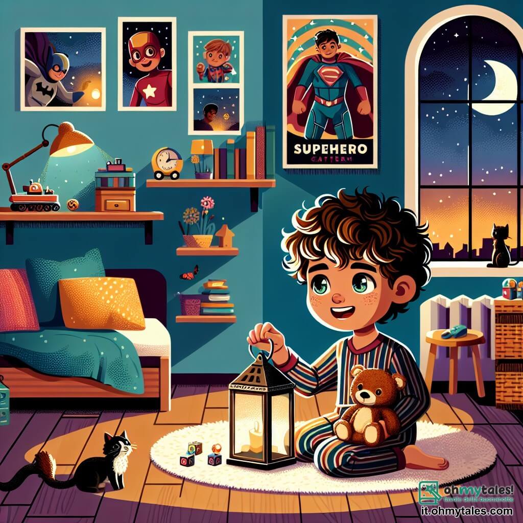 Illustrazione che rappresenta una camera per bambini calda e colorata, con pareti dipinte di azzurro chiaro e poster di supereroi appesi. Un tappeto morbido è steso sul pavimento e una grande finestra lascia filtrare la luce della luna, illuminando dolcemente la stanza. Al centro dell'immagine, un ragazzo di 9 anni con capelli ricci e occhi brillanti, indossa un pigiama a righe ed è seduto sul pavimento. Tiene una lanterna accesa in una mano, mentre con l'altra abbraccia un grande orso di peluche marrone. La sua espressione è sia curiosa che determinata, mostrando che è pronto ad affrontare le sue paure. In un angolo della stanza, un piccolo gatto nero dagli occhi verdi, che sembra incuriosito, osserva la scena. È seduto su uno scaffale, aggiungendo un tocco di vita all'illustrazione. La situazione principale mostra il ragazzo che esplora la sua camera nell'oscurità, illuminato dalla lanterna, mentre ombre danzano sulle pareti. Giocattoli sparsi intorno a lui, come mattoncini e figurine, creano un'atmosfera di avventura e scoperta. Le luci scintillanti appese alla finestra aggiungono un'atmosfera magica, trasformando la paura del buio in un'esperienza affascinante.