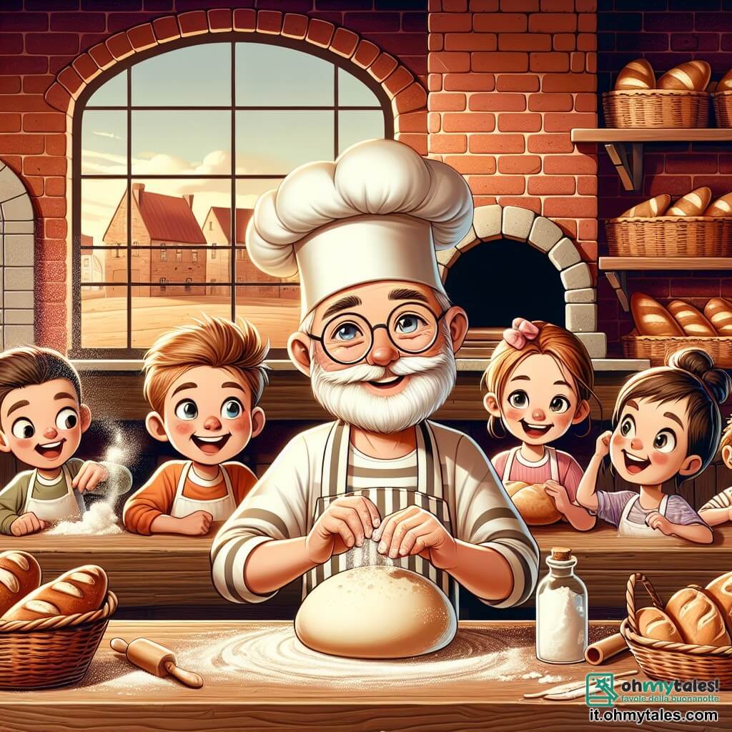 Illustrazione che rappresenta un accogliente forno in legno, con muri di mattoni rossi e una grande finestra che lascia entrare la luce dorata del mattino. Sul bancone di legno, cesti traboccano di pani dorati e deliziose pasticcerie, mentre un forno in pietra emana un caldo avvolgente. Al centro della scena, un uomo gioviale, con una barba bianca come la farina, indossa un grembiule a righe e un cappello da panettiere. I suoi occhi brillano di gioia mentre impasta energicamente una palla di pasta, con un sorriso benevolo sul viso. Intorno a lui, sei bambini di circa 7-10 anni si affaccendano con entusiasmo. Una ragazza dai capelli ricci e un grande sorriso modella un pane a forma di coniglio, mentre un ragazzo dai capelli castani e occhiali, un po' goffo, fa volare la farina nell'aria, suscitando risate. La scena cattura un momento di felicità condivisa, dove i bambini e l'uomo si divertono insieme a creare pani dalle forme divertenti, circondati dal profumo inebriante del pane fresco. Risate e gesti gioiosi aggiungono un tocco vivace a quest'illustrazione, mentre scaglie di farina fluttuano nell'aria, creando un'atmosfera magica e accogliente.