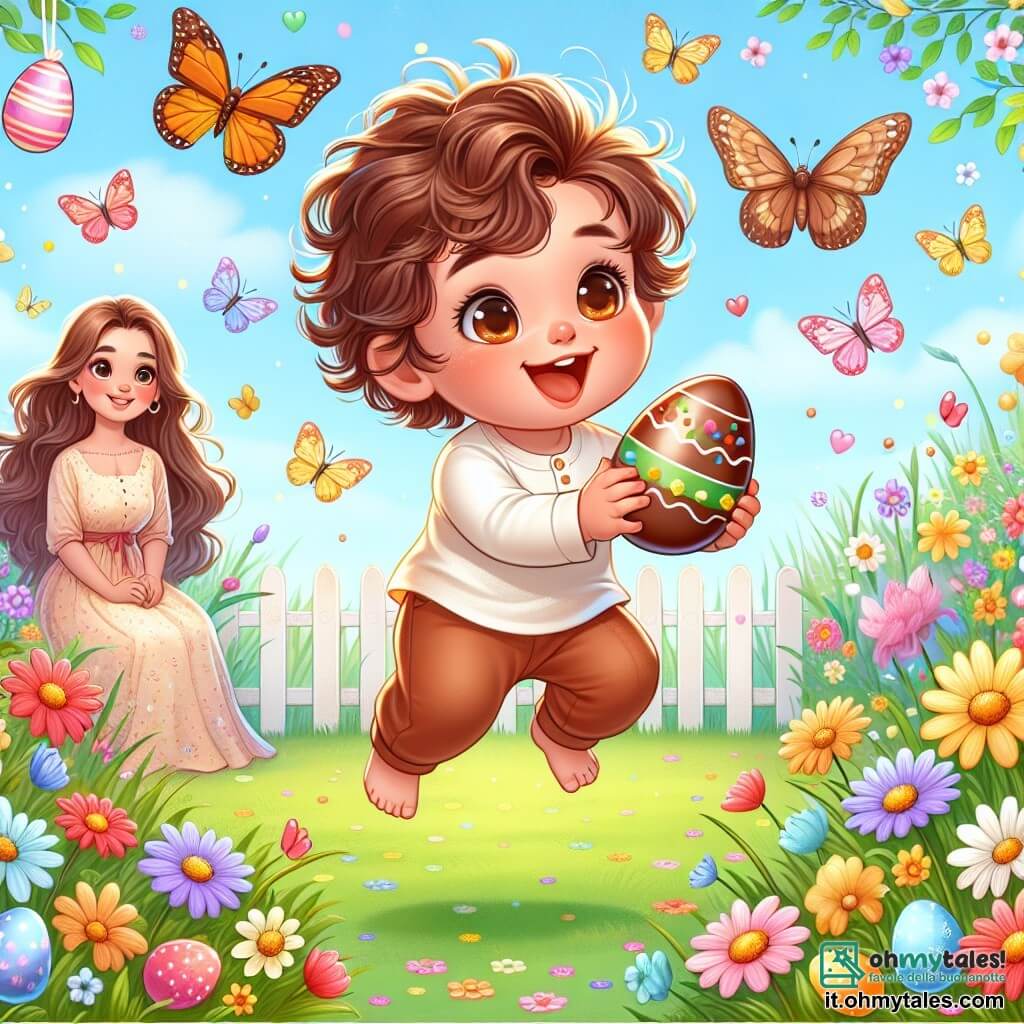 Une illustration sous forme de dessin destinée aux enfants représentant un jardin ensoleillé rempli de fleurs colorées et de papillons, avec un petit garçon de deux ans aux cheveux bouclés et aux yeux pétillants, qui saute de joie en tenant un œuf en chocolat brillant dans ses mains, tandis qu'une maman souriante aux cheveux longs et bruns, vêtue d'une robe légère, l'observe avec tendresse, le tout dans une atmosphère festive de Pâques, avec des décorations colorées et des œufs cachés dans l'herbe.