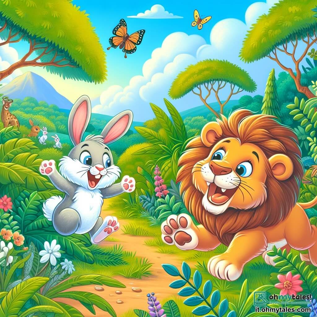 Une illustration destinée aux enfants représentant un lion farceur, un lapin courageux, et un jardin luxuriant de la savane où se déroulent des aventures hilarantes.