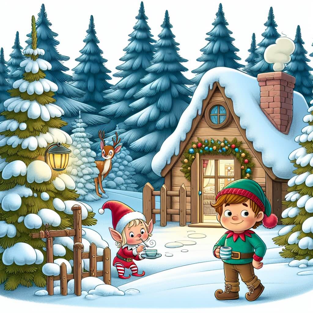 Une illustration destinée aux enfants représentant un jeune garçon, curieux et vif, qui se retrouve dans une forêt enchantée enneigée, accompagné d'un adorable lutin de Noël, dans un petit chalet caché parmi les grands sapins.