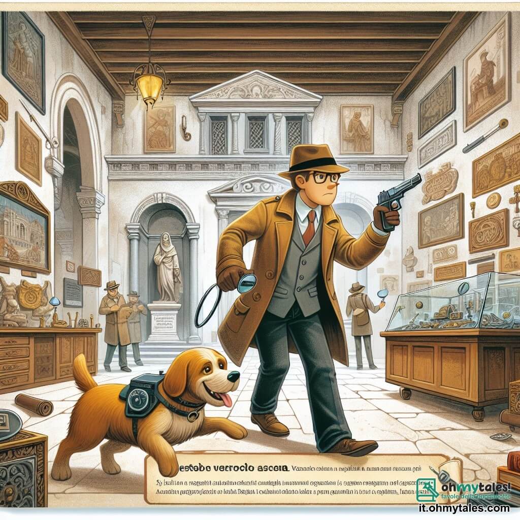 Une illustration destinée aux enfants représentant un détective intrépide, accompagné de son fidèle chien détective, enquêtant sur un mystérieux vol dans un musée ancien et poussiéreux de la ville de Verona.