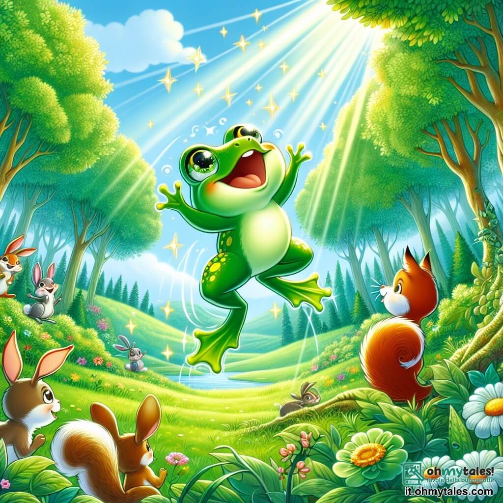Illustrazione che rappresenta un vasto campo verdeggiante nel cuore di una foresta incantata, punteggiato di fiori colorati e grandi alberi con foglie brillanti sotto un cielo azzurro chiaro. Al centro della scena, una piccola rana verde brillante, con grandi occhi scintillanti e macchie gialle sulla schiena, sta saltando gioiosamente, le zampe posteriori piegate pronte a lanciarsi in aria. Intorno a lei, diversi animali del bosco, come un coniglio dalle lunghe orecchie bianche e uno scoiattolo dal pelo rosso, la osservano con ammirazione, applaudendo il suo coraggio. La rana è in pieno salto, catturando l’istante in cui raggiunge l’apice del suo salto, circondata da piccole stelle scintillanti che simboleggiano la magia del momento. I raggi di sole filtrano tra le foglie, creando un'atmosfera gioiosa e giocosa, perfetta per illustrare lo spirito di amicizia e competizione amichevole di questa storia.