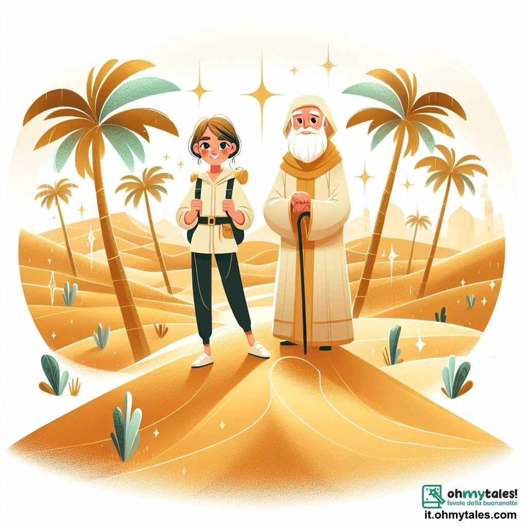 Une illustration destinée aux enfants représentant une jeune exploratrice courageuse se tenant au sommet d'une dune de sable doré, accompagnée d'un sage guide âgé, dans un désert magique parsemé de palmiers élancés et de mirages scintillants.