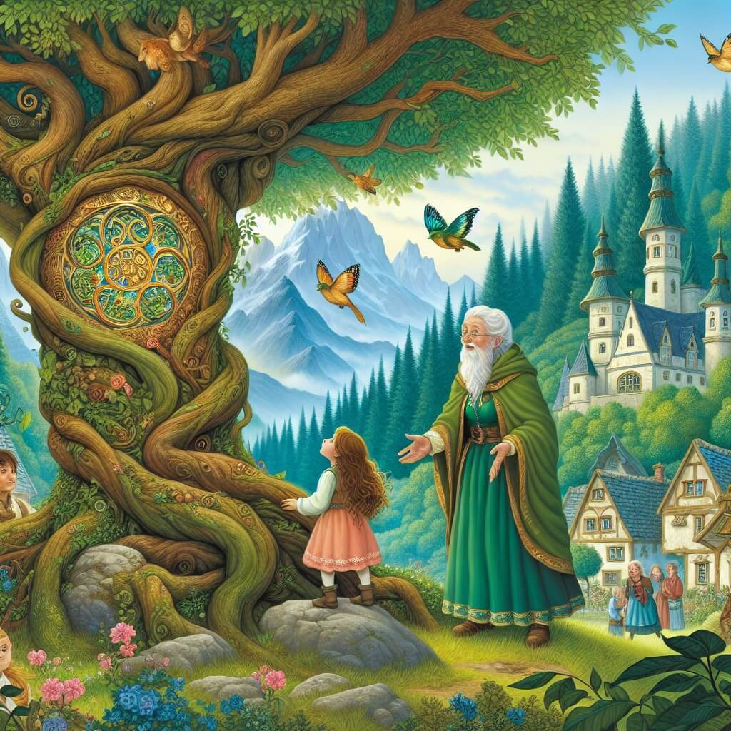 Une illustration destinée aux enfants représentant une jeune fille curieuse, entourée d'arbres majestueux et d'animaux joyeux, découvrant un mystérieux arbre des espoirs dans une petite ville entourée de montagnes verdoyantes et de bosquets luxuriants, avec pour personnage secondaire une sage grand-mère qui lui enseigne l'importance de protéger notre planète.