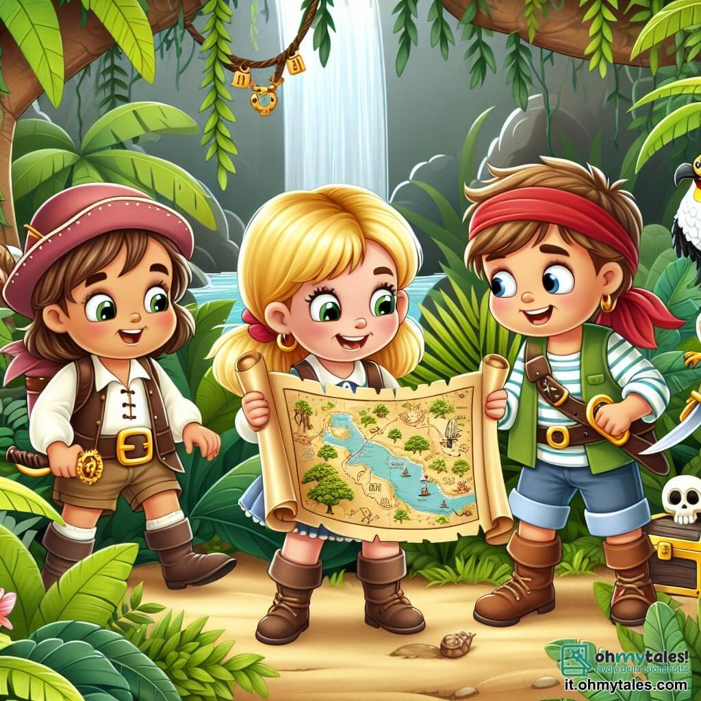 Une illustration destinée aux enfants représentant une petite fille intrépide découvrant une carte au trésor, accompagnée de ses amis, un garçon intelligent et une fille courageuse, dans une jungle luxuriante et mystérieuse.