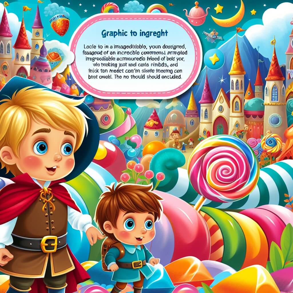 Une illustration destinée aux enfants représentant un jeune garçon plein d'imagination, confronté à un défi impossible, accompagné d'un compagnon sucré, dans un royaume féerique fait de bonbons colorés et de délices sucrés.