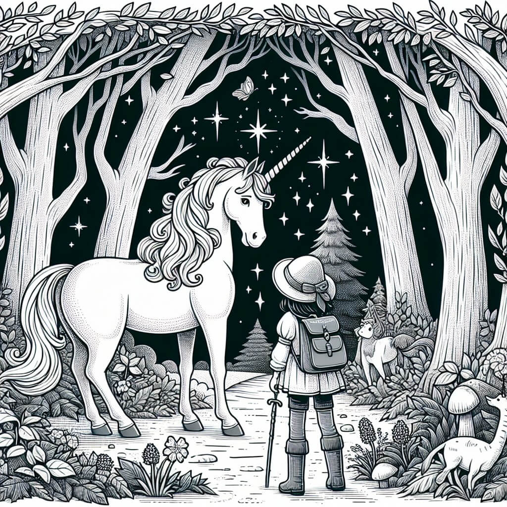 Une illustration destinée aux enfants représentant une licorne majestueuse, se tenant fièrement au cœur d'une forêt enchantée, accompagnée d'une jeune fille curieuse, découvrant ensemble les secrets magiques de ce lieu féerique.