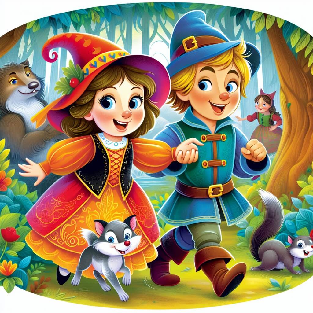 Une illustration destinée aux enfants représentant une sorcière joyeuse et espiègle, accompagnée d'un animal malicieux, dans une forêt enchantée aux couleurs éclatantes.
