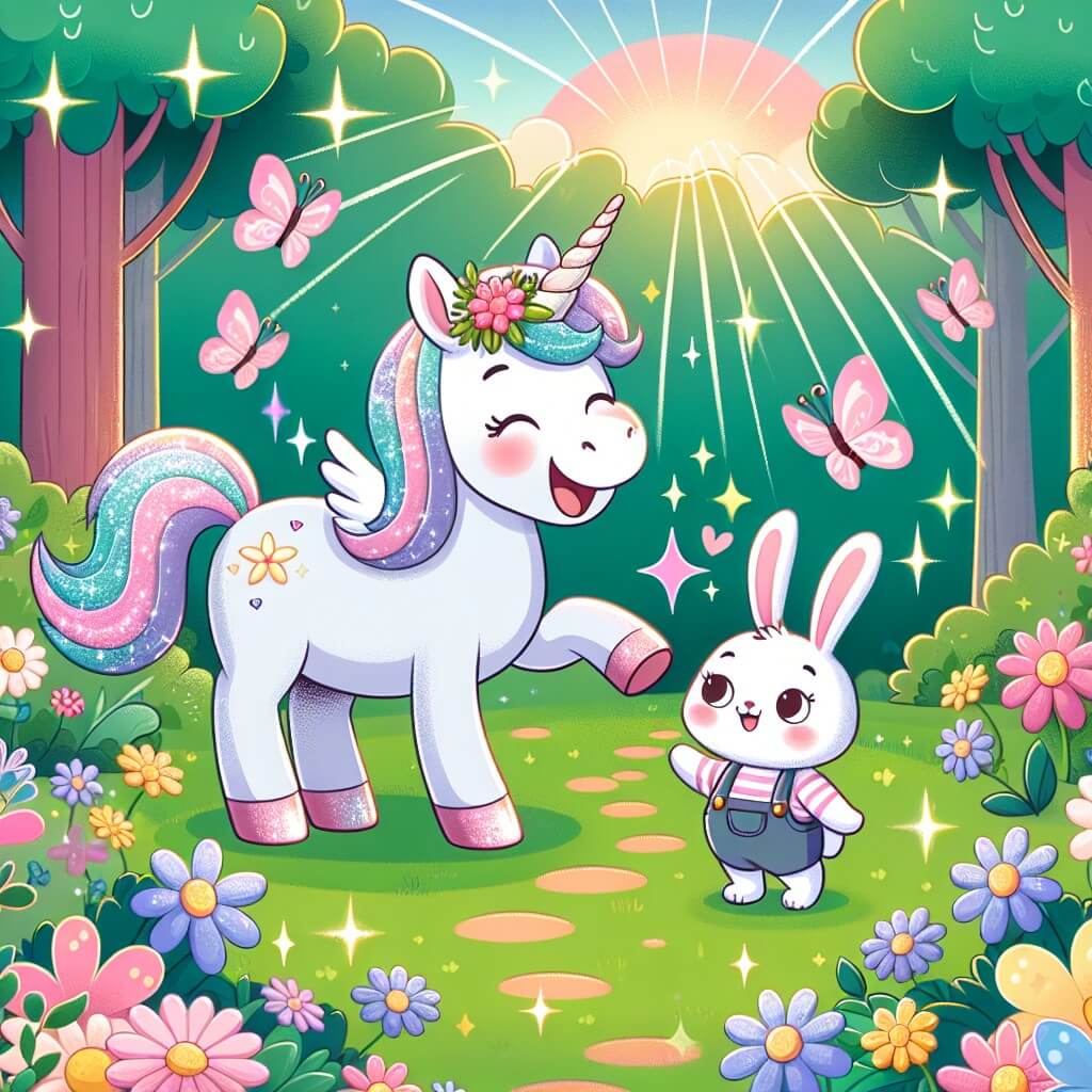 Une illustration destinée aux enfants représentant une licorne joyeuse et étincelante qui rencontre un petit lapin curieux dans une forêt enchantée remplie de fleurs colorées et de papillons virevoltants.