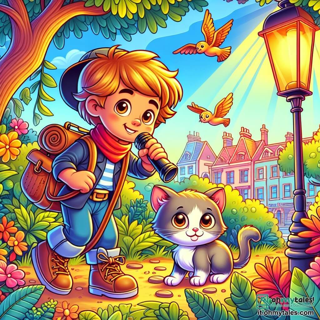 Une illustration destinée aux enfants représentant un petit garçon intrépide, accompagné de son chaton curieux, enquêtant dans un parc coloré et animé à la recherche de leur animal disparu.
