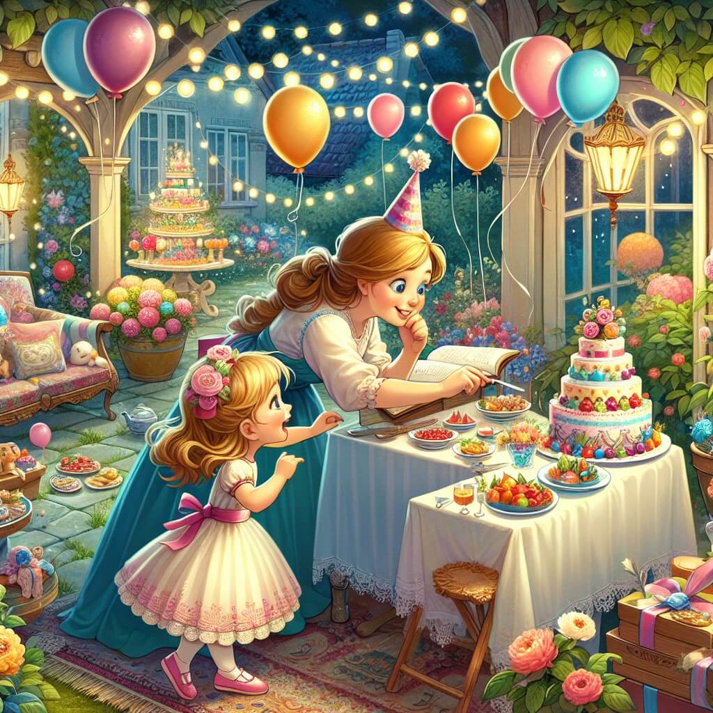 Une illustration destinée aux enfants représentant une petite fille pleine d'énergie, préparant une fête surprise pour son papa, avec l'aide de sa maman, dans un magnifique jardin décoré de ballons colorés, de lumières scintillantes et d'un grand table rempli de délicieux mets.