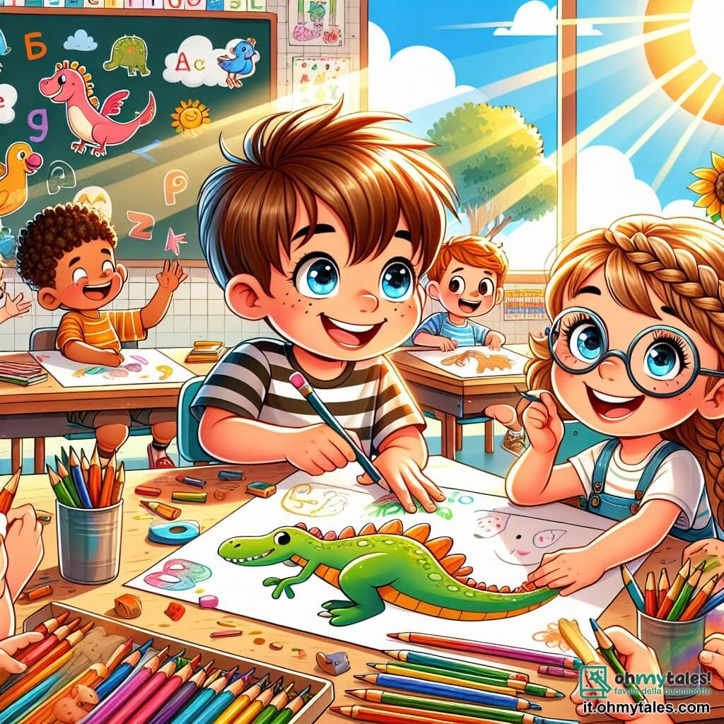 Illustrazione che rappresenta un'aula colorata e accogliente, con pareti decorate da disegni di animali e lettere dell'alfabeto. Al centro, un ragazzo di 5 anni, con capelli castani arruffati e occhi blu scintillanti, è seduto al suo banco, con un grande sorriso sulle labbra, tenendo una matita in una mano e un disegno di un dinosauro nell'altra. Accanto a lui, una ragazza di 5 anni, con capelli biondi intrecciati e occhiali rotondi, ammira il suo disegno con occhi brillanti, mentre un altro ragazzo, anche lui di 5 anni, con capelli castani e una maglietta a righe, si piega per guardare il disegno del dinosauro. La scena principale mostra i bambini che condividono le loro creazioni artistiche, circondati da pastelli sparsi sui banchi e una lavagna piena di disegni. Raggi di sole filtrano attraverso le finestre, illuminando la scena con una luce calda e gioiosa.