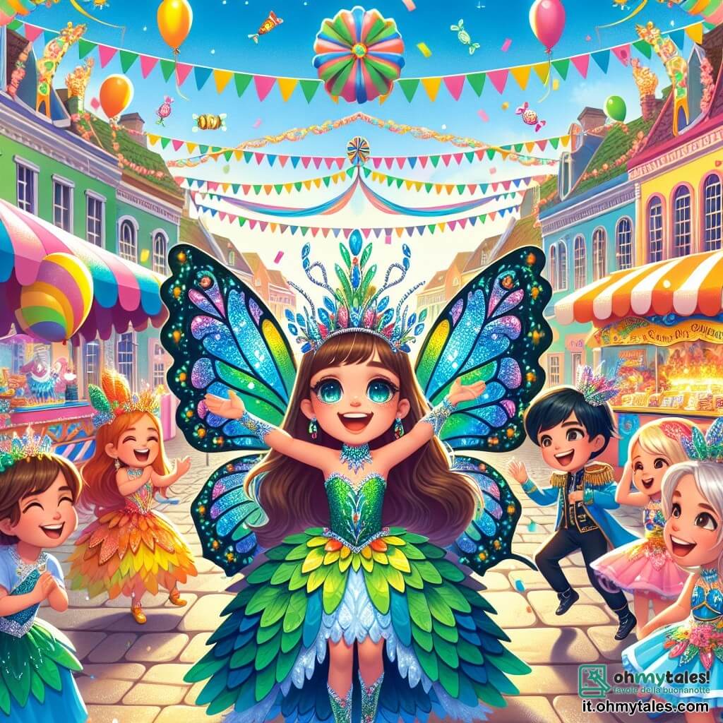 Illustrazione che rappresenta una scena vibrante di un carnevale in una piccola città colorata. La piazza centrale è decorata con festoni multicolori, palloncini fluttuanti e bancarelle di dolci, mentre i bambini ridono e ballano attorno a un grande palco decorato con fiori di carta. In primo piano, una ragazza di 11 anni, con lunghi capelli castani e occhi scintillanti, indossa un costume da farfalla dai colori vivaci verde e blu, con ali luccicanti che sembrano catturare la luce del sole. Ballando gioiosamente, ha un sorriso radioso sul volto, le braccia aperte come se stesse volando. Accanto a lei, due amici: un ragazzo di 12 anni, travestito da drago, con squame verdi brillanti e piccole corna sulla testa, che fa movimenti di danza energici, e una ragazza di 10 anni, vestita da sirena, con una lunga coda blu e capelli argentati, che applaude con entusiasmo. La scena principale mostra la ragazza che danza al centro del palco, circondata dai suoi amici, tutti catturati dalla magia del momento. Stelle di carta e coriandoli fluttuano nell'aria, aggiungendo un tocco di magia a questa celebrazione gioiosa.