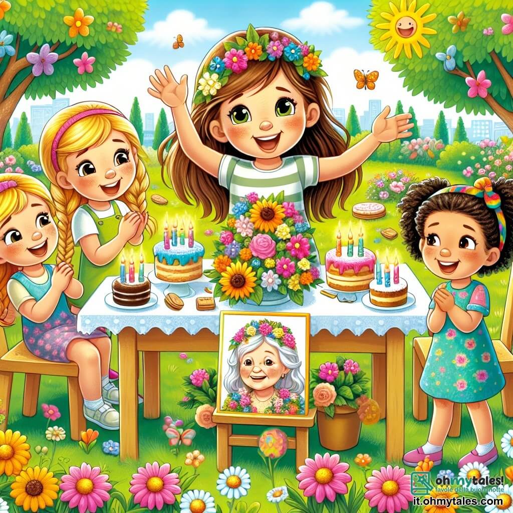 Illustrazione che rappresenta un giardino soleggiato, pieno di fiori colorati dai petali vivaci, grandi alberi con foglie verdi e un prato ben curato. Al centro, un grande tavolo decorato con torte e biscotti, circondato da sedie in legno. C'è una ragazza di circa otto anni, con lunghi capelli castani, occhi scintillanti e un sorriso luminoso, che sta in piedi con le braccia aperte, come se stesse accogliendo le sue amiche. Accanto a lei, altre tre ragazze, tutte di circa la stessa età: una ha capelli biondi e trecce, l'altra ha capelli ricci e una fascia colorata, e l'ultima ha capelli neri e indossa un vestito a fiori. Stanno tutte ridendo e chiacchierando allegramente, circondate da fiori e decorazioni. La scena principale mostra questi bambini che celebrano la memoria di una persona cara, con una grande foto di una donna anziana al centro del tavolo, circondata da candele accese. Le ragazze sembrano felici, ma un dolce malinconia pervade l'atmosfera, simboleggiando l'amore e il ricordo. Farfalle colorate volano intorno a loro, aggiungendo un tocco di magia a questo momento di condivisione e celebrazione della vita.