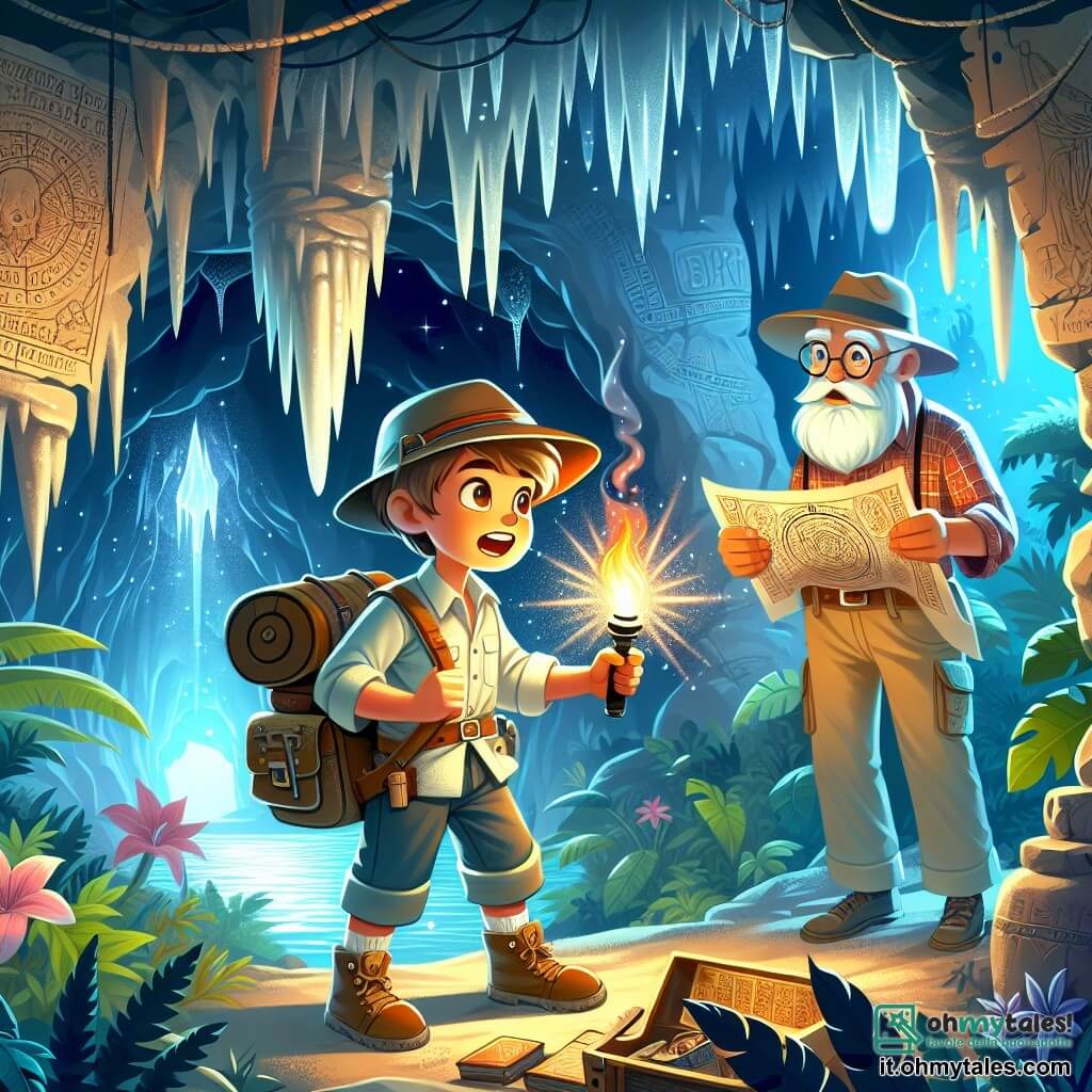Illustrazione che rappresenta una grotta misteriosa nel cuore di un'isola verdeggiante, con stalattiti scintillanti e ombre danzanti create dalla luce di una torcia. All'ingresso della grotta, un giovane dai capelli castani e dagli occhi brillanti di eccitazione, indossando un cappello da esploratore e uno zaino pieno di mappe, osserva attentamente l'interno della grotta, tenendo una torcia in mano. Accanto a lui, un uomo anziano con una lunga barba bianca e occhiali rotondi, vestito con una camicia a quadri e pantaloni di tela, esamina una mappa antica con aria concentrata. La scena principale mostra il giovane e l'uomo anziano, pronti a entrare nella grotta, circondati da tesori scintillanti e antiche iscrizioni sulle pareti, mentre una leggera nebbia misteriosa fluttua intorno a loro, suggerendo segreti da scoprire. Elementi grafici aggiuntivi includono piante esotiche e fiori colorati all'esterno della grotta, oltre a un cielo blu chiaro sullo sfondo, creando un'atmosfera di avventura e mistero.