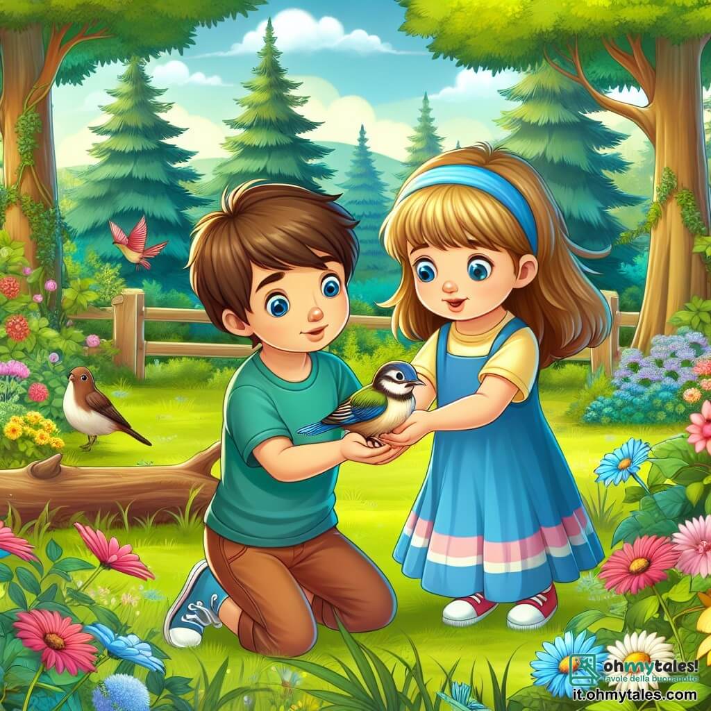Une illustration destinée aux enfants représentant une fillette curieuse et un garçon attentionné découvrant un oiseau blessé dans un parc verdoyant entouré d'arbres majestueux et de fleurs colorées.