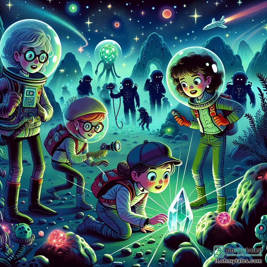 Illustrazione che rappresenta una scena vibrante su un asteroide misterioso, con rocce dalle forme strane e un'atmosfera nebbiosa tinta di verde. Al centro, tre ragazze di circa undici anni, con capelli colorati e abbigliamento da esplorazione, sono in piena azione: una, con occhiali protettivi e un sorriso determinato, tiene un dispositivo tecnologico brillante; un'altra, con capelli ricci e vestita con una tuta spaziale, si appresta a prendere un cristallo luminoso che brilla al centro della scena; l'ultima, con un cappellino e un'espressione concentrata, osserva intorno, pronta ad avvertire le sue amiche di un pericolo imminente. Sullo sfondo, un alieno blu con occhi grandi e brillanti, dalla pelle scintillante, le guida con un gesto amichevole, mentre silhouette di pirati spaziali si profilano nell'ombra, minacciose. L'insieme trasmette un'atmosfera di avventura e cameraderie, con stelle scintillanti e pianeti colorati visibili nel cielo.