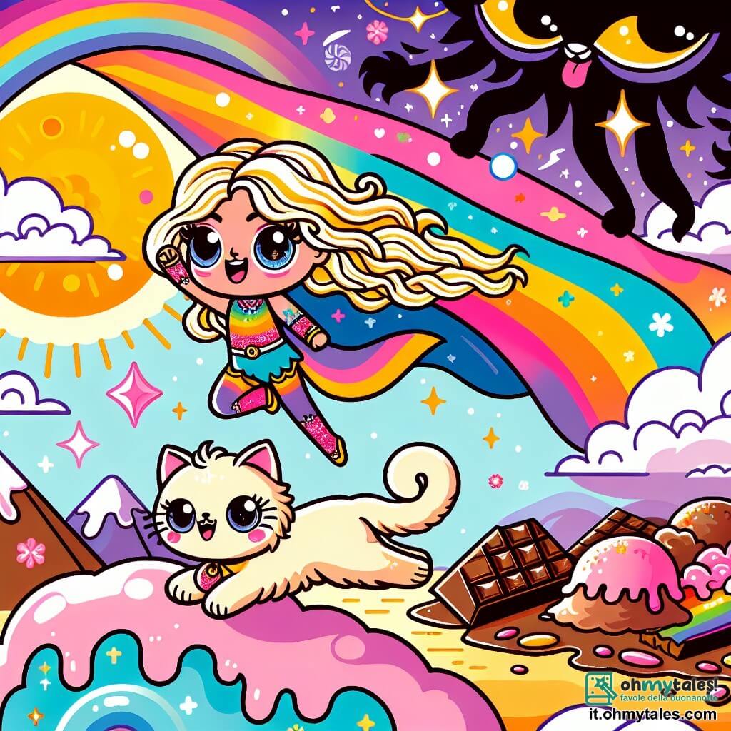 Une illustration sous forme de dessin destinée aux enfants représentant un monde féerique avec des nuages de sucre, des montagnes de gelato et des prairies de chocolat, où une super-héroïne aux longs cheveux dorés et aux yeux brillants, vêtue d'un manteau arc-en-ciel, vole dans le ciel en souriant, tandis qu'un petit chat aux poils duveteux et aux yeux malicieux la suit en sautillant à ses côtés, alors qu'ils affrontent des ombres sombres et menaçantes qui tentent de couvrir le soleil, créant une atmosphère à la fois magique et pleine d'aventure.