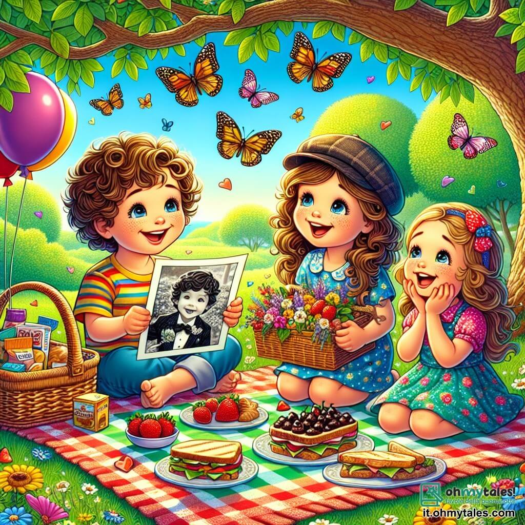 Illustrazione che rappresenta un picnic gioioso in un parco soleggiato, con un grande albero dalle foglie verdi lussureggianti che offre ombra. Sul terreno, un tappeto a scacchi colorati è steso, circondato da fiori brillanti e farfalle svolazzanti. Tre bambini sono al centro dell'immagine: un ragazzo di sei anni con capelli ricci e occhi scintillanti, sorridente con entusiasmo, tiene in mano una foto in bianco e nero. Accanto a lui, una ragazza di sei anni con lunghi capelli castani, indossa un vestito colorato e guarda la foto con meraviglia. Infine, un ragazzo di sei anni con capelli corti e un berretto, ride mentre tiene un cestino pieno di deliziose leccornie. La scena mostra i bambini che preparano una sorpresa per il loro papà, con panini, biscotti al cioccolato e fragole disposti sul tappeto. Il papà, seduto sul tappeto, è sorpreso e felice nel scoprire la foto, circondato da risate e gioia. Palloncini colorati fluttuano nell'aria, aggiungendo all'atmosfera festosa della festa del papà.
