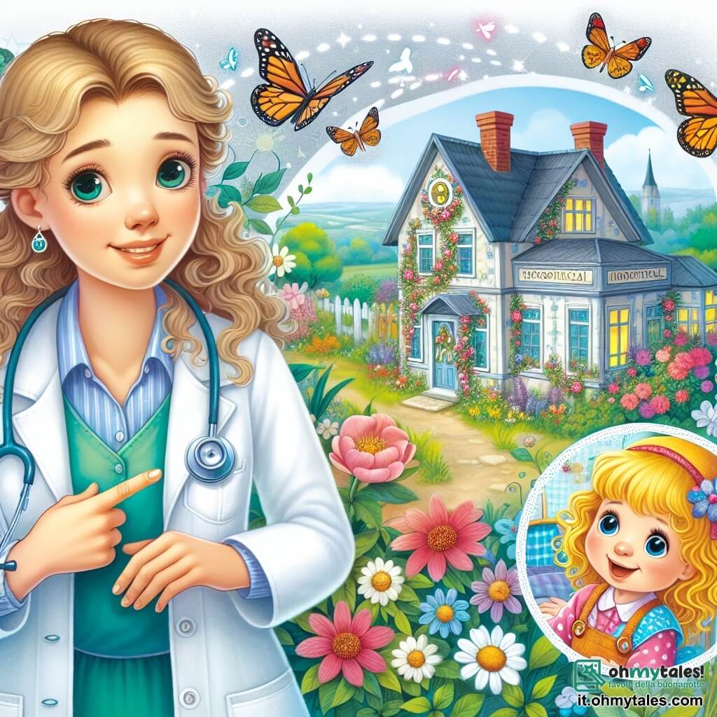Une illustration destinée aux enfants représentant une jeune femme médecin, une petite fille curieuse avec des boucles blondes, et un charmant petit hôpital de campagne entouré de fleurs colorées et de papillons dansant.