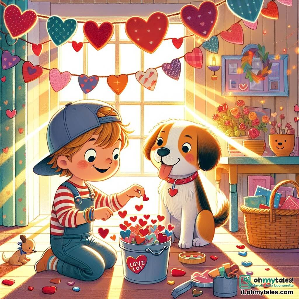 Une illustration destinée aux enfants représentant un garçon plein de curiosité et de créativité, préparant des surprises pour la Saint-Valentin, avec son fidèle chien à ses côtés, dans une chambre lumineuse décorée de coeurs et de guirlandes colorées.