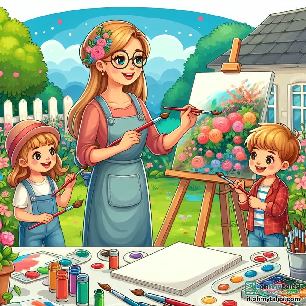 Une illustration destinée aux enfants représentant une artiste femme en train de peindre un magnifique tableau dans son jardin, accompagnée de ses deux enfants, un garçon et une fille, entourés de pinceaux, colori e fogli bianchi.