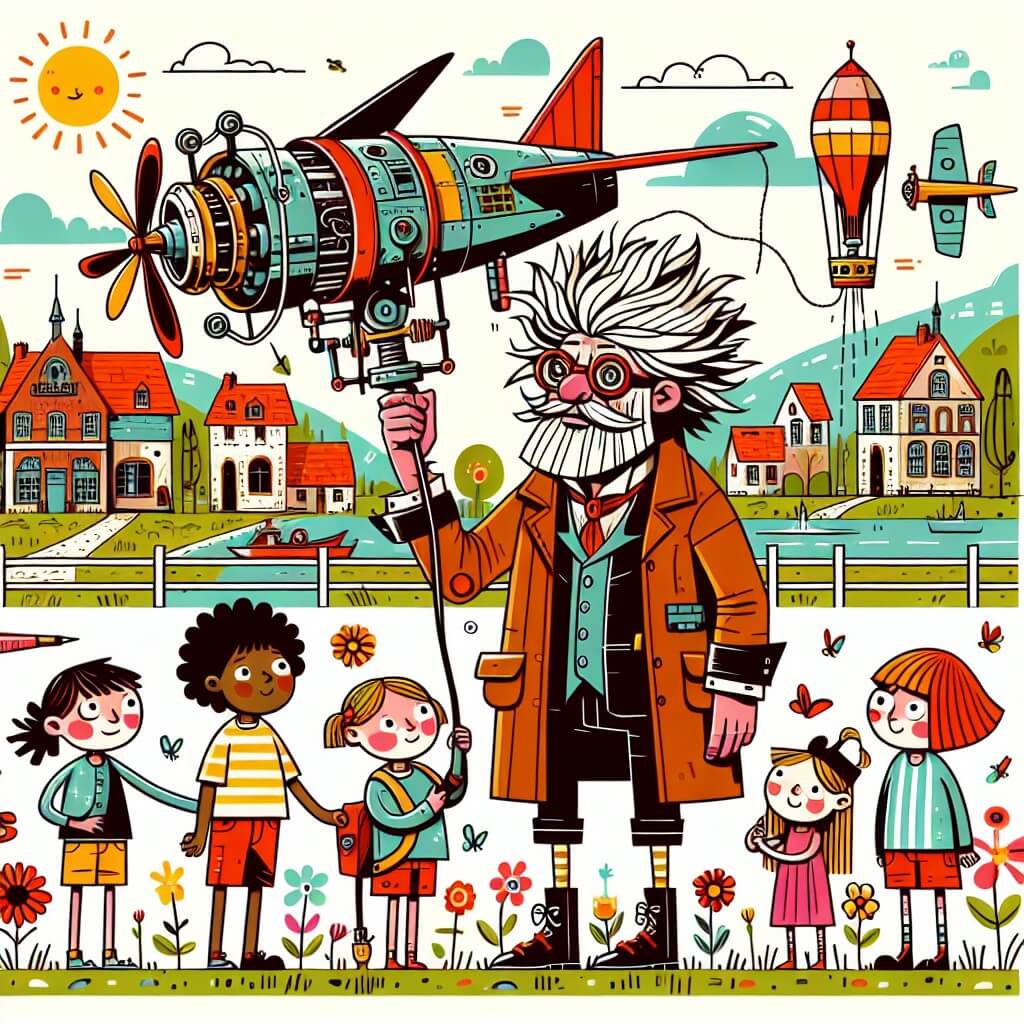 Une illustration destinée aux enfants représentant un inventeur excentrique, avec des cheveux en bataille, tenant une étrange machine volante, accompagné d'un groupe d'enfants curieux et enthousiastes, dans un paisible village aux maisons colorées et aux jardins fleuris de Felicelandia.