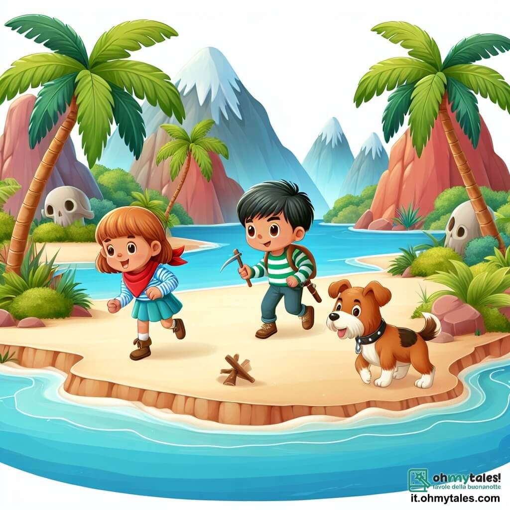 Une illustration destinée aux enfants représentant un petit garçon intrépide, une fille courageuse, et leur fidèle chien explorant une île mystérieuse aux plages de sable blanc, entourée de palmiers luxuriants et de montagnes escarpées.