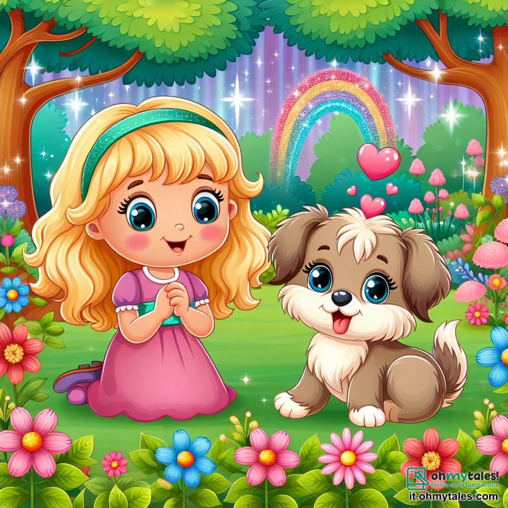 Une illustration destinée aux enfants représentant une petite fille aux boucles blondes, rigolote et curieuse, découvrant un chiot magique tout poilu, avec un nez en forme de cœur, dans un parc enchanté rempli de fleurs multicolores et d'arbres aux feuilles scintillantes.