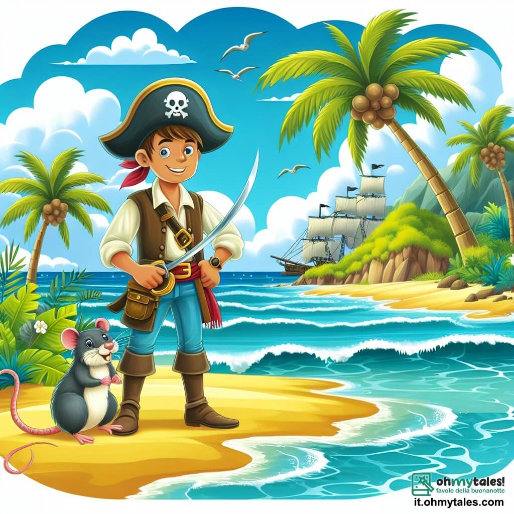 Une illustration destinée aux enfants représentant un homme courageux et intrépide, un pirate des mers, accompagné de son fidèle compagnon, un petit rat marin, dans une île tropicale luxuriante, avec des plages dorées, des palmiers majestueux et une mer étincelante.