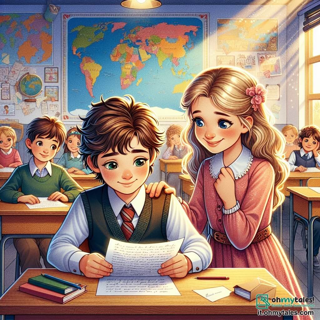 Illustrazione che rappresenta una scena in un'aula colorata e accogliente, con muri decorati da disegni di bambini e una grande mappa del mondo appesa sopra una lavagna. Al centro, un ragazzo di nove anni, con capelli castani disordinati e un sorriso timido, è seduto a un banco di legno, tenendo una lettera tra le mani. Accanto a lui, una ragazza di nove anni, con lunghi capelli biondi e occhi scintillanti, lo guarda con un sorriso incoraggiante, le mani appoggiate sul banco. La scena principale mostra il ragazzo, con un'espressione nervosa ma determinata, pronto a leggere la lettera che ha scritto ai suoi genitori, mentre la ragazza lo incoraggia con gentilezza. Sullo sfondo, altri bambini sono seduti ai loro banchi, attenti e curiosi, creando un'atmosfera di amicizia e sostegno. La luce morbida che entra dalla finestra aggiunge un tocco caldo a questa scena di apprendimento e amicizia.