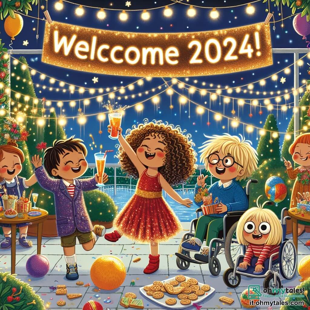 Illustrazione che rappresenta una scena festiva della notte di Capodanno in un giardino illuminato. Il giardino è decorato con ghirlande luminose appese agli alberi e palloncini colorati fluttuano nell'aria. Al centro, un grande striscione in carta brillante mostra "Benvenuto 2024!" in lettere dorate. Quattro bambini sono in primo piano: una ragazza con capelli ricci e castani, di circa 10 anni, indossa un vestito rosso con paillettes e sorride alzando un bicchiere di succo di frutta. Accanto a lei, un'altra ragazza con lunghi capelli biondi intrecciati, di 9 anni, balla con movimenti divertenti, indossando una gonna colorata. Un ragazzo con capelli castani, di 10 anni, indossa un maglione blu e fa gesti esagerati imitando un animale, facendo ridere gli altri. Infine, una ragazza con occhiali e capelli corti, di 9 anni, è seduta su una sedia a rotelle, tiene biscotti decorati e sorride guardando le sue amiche. La scena principale mostra i bambini che celebrano insieme, circondati da risate e gioia, mentre fuochi d'artificio esplodono nel cielo stellato, illuminando i loro volti meravigliati. Stelle scintillanti e coriandoli colorati cadono attorno a loro, contribuendo all'atmosfera festiva e magica di questa notte indimenticabile.