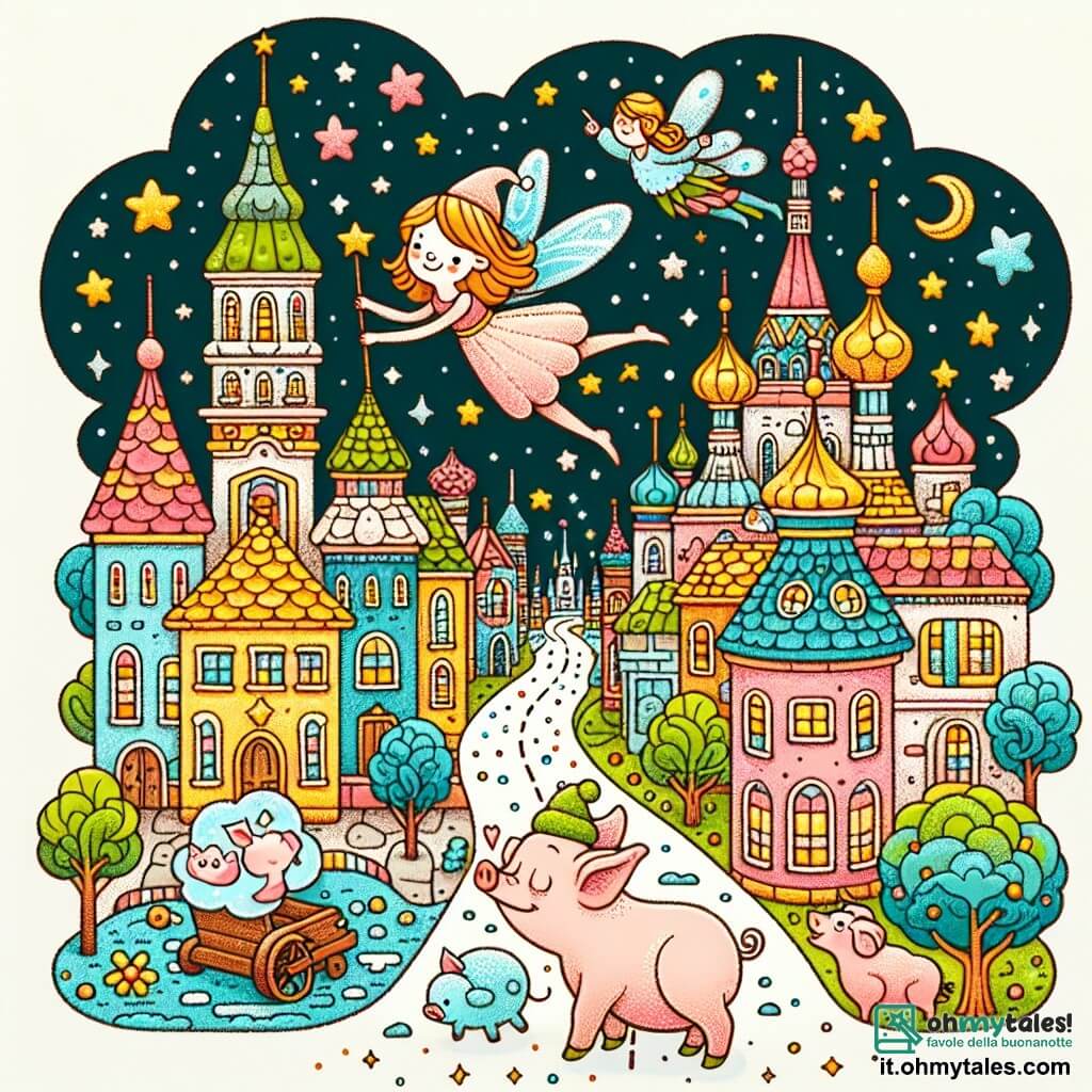 Une illustration destinée aux enfants représentant un petit cochon rêveur, une fée bienveillante, et une ville magique aux rues pavées de couleurs vives et aux bâtiments comme sortis d'un conte de fées.