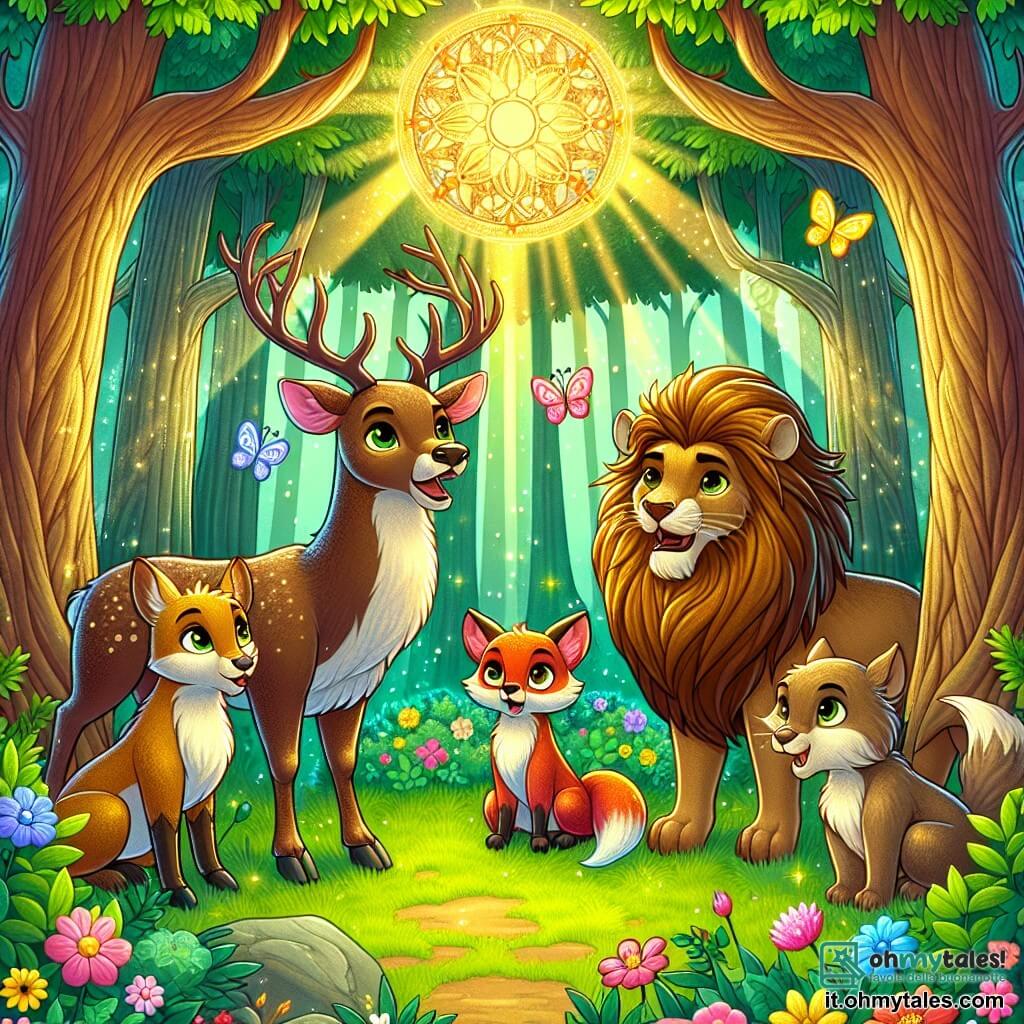Illustrazione che rappresenta una radura incantata nel cuore di una foresta magica, dove grandi alberi dai tronchi robusti si ergono verso il cielo, le cui foglie di un verde splendente filtrano la luce dorata del sole. Al centro di questa scena, un giovane renna si erge fiero, con un pelame marrone lucente e corna argentate che scintillano sotto i raggi del sole. Guarda con determinazione, pronto ad aiutare i suoi amici. Accanto a lui, una piccola volpe dal pelame rosso vivo, con grandi occhi espressivi, sembra preoccupata ma piena di speranza, mentre un maestoso leone, con una criniera dorata, si trova nelle vicinanze, mostrando una postura protettiva. Insieme formano un cerchio di amici uniti, cantando per respingere una nube scura che minaccia di immergere la foresta nell'oscurità. Fiori colorati e farfalle volteggiano attorno a loro, aggiungendo un tocco di magia a questa scena di amicizia e coraggio.