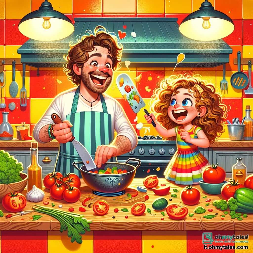Illustrazione che rappresenta una cucina colorata e vivace, con pareti decorate con piastrelle in ceramica dai toni vivaci di rosso e giallo. Al centro, un grande piano di lavoro in legno è coperto di ingredienti freschi: pomodori succosi, erbe verdi brillanti e un grande vaso di metallo lucido. Il personaggio principale è un uomo di circa trent'anni, con capelli ricci castani e una barba ben curata. Indossa un grande grembiule a righe e un cappello da chef bianco. Sorride gioiosamente mentre taglia le verdure con grande precisione, con la sua spatola magica accanto, pronta per essere utilizzata. Accanto a lui, una bambina di circa otto anni, con capelli biondi e ricci, osserva con meraviglia. Indossa un vestito colorato e un piccolo grembiule. I suoi occhi brillano di eccitazione mentre mescola gli ingredienti in una ciotola, imitando i gesti dell'uomo. La scena principale mostra il duo intento a preparare un piatto gustoso, con risate e un'atmosfera calorosa. Bolle di dialogo potrebbero fluttuare attorno a loro, esprimendo la loro gioia e complicità. Sullo sfondo, utensili da cucina e barattoli di spezie aggiungono un tocco di magia a questa avventura culinaria.