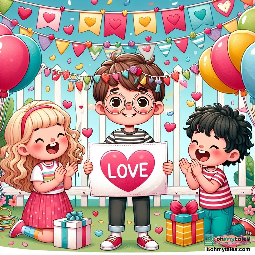 Une illustration sous forme de dessin destinée aux enfants représentant un cour de récréation coloré, décoré de cœurs en papier et de guirlandes pour la fête de Saint-Valentin, où un garçon de 12 ans aux cheveux bruns et aux lunettes rondes, souriant et tenant un grand cartellon avec un message d'amour, se tient au centre, entouré de deux amis : une fille aux cheveux blonds et bouclés, qui applaudit avec enthousiasme, et un garçon aux cheveux noirs, qui rit en tenant des ballons colorés, alors qu'ils préparent une surprise pour aider une camarade à déclarer son amour à un garçon spécial.