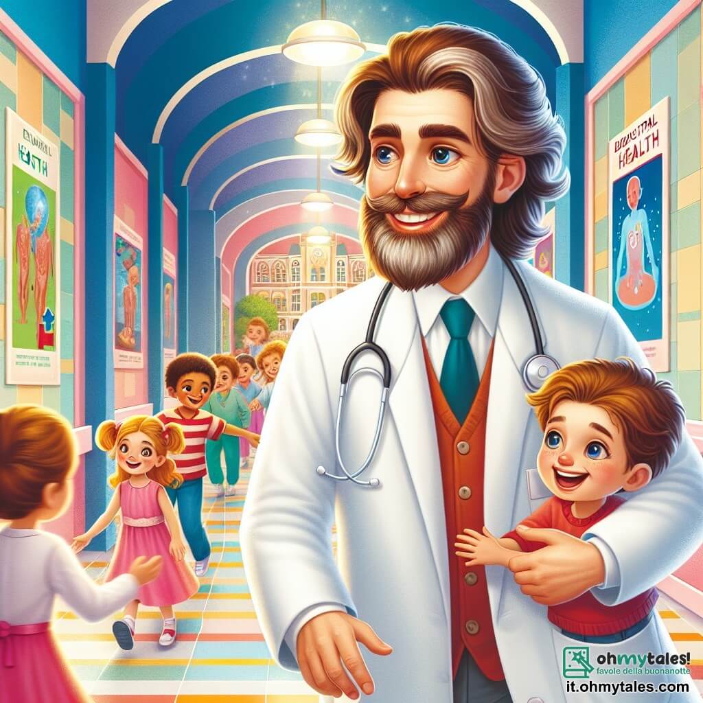 Une illustration destinée aux enfants représentant un homme au sourire chaleureux et à la barbe soyeuse, vêtu d'un camice blanc éclatant, qui se déplace avec bienveillance dans un hôpital animé, où des murs ornés de couleurs vives et des affiches éducatives sur la santé illuminent les couloirs, tandis qu'il aide un jeune garçon aux yeux pétillants et à la chevelure ébouriffée, ainsi qu'une petite fille aux boucles dorées et au rire contagieux, tous deux impatients d'apprendre les secrets de la médecine et de découvrir comment apporter du réconfort aux patients dans cet environnement vibrant et plein de vie.