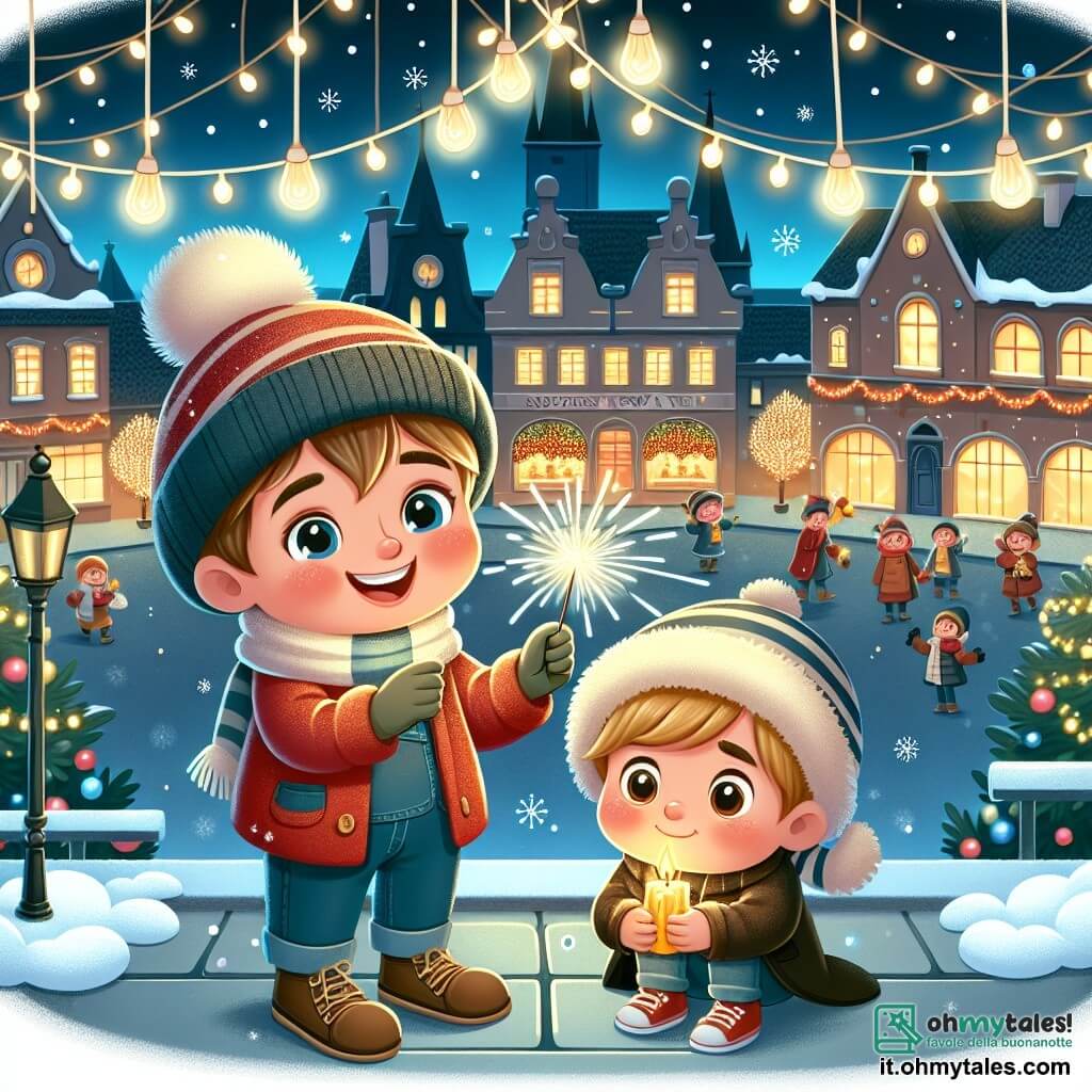 Une illustration destinée aux enfants représentant un garçon plein de vie préparant une surprise lumineuse pour le réveillon du Nouvel An, accompagné de son ami timide, sur la place principale d'une petite ville illuminée par des guirlandes scintillantes.