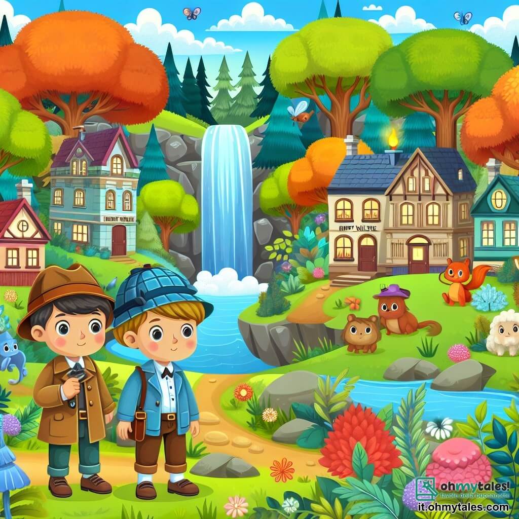 Une illustration destinée aux enfants représentant un jeune garçon détective, accompagné de son ami garçon, explorant un Bosco Incantato avec des arbres colorés, des créatures fantastiques et une grande cascade, dans le petit village de Villaggio Felice.