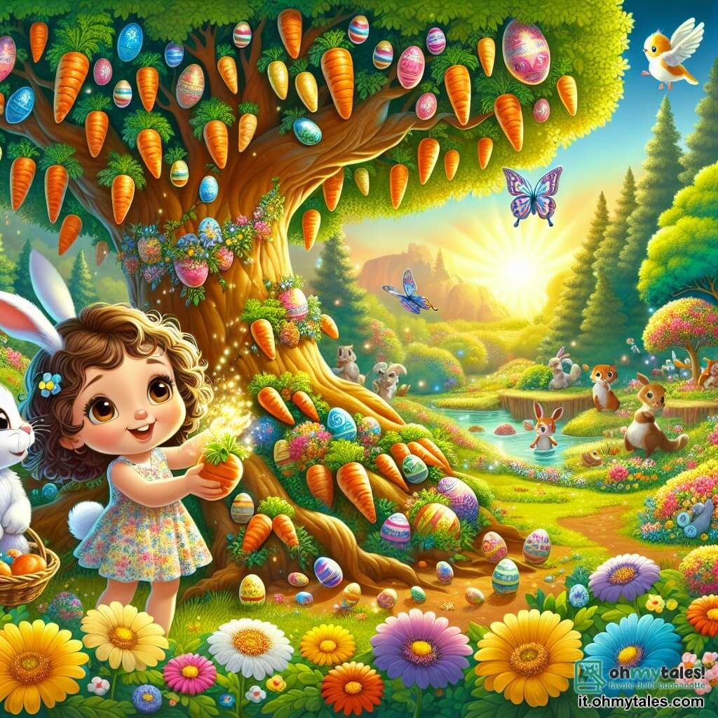 Illustrazione che rappresenta un rado soleggiato nel cuore di un bosco incantato, dove un enorme albero con rami carichi di carote colorate si erge maestoso. Ai piedi di quest'albero, una bambina di 5 anni, con grandi occhi curiosi e capelli ricci castani, indossa un vestito a fiori e un sorriso splendente. Sta spargendo semi scintillanti intorno a sé, creando una magia floreale. Accanto a lei, un grande coniglio bianco, con occhiali sul naso e una farfalla blu, osserva con benevolenza, pronto ad aiutarla nella sua missione. Sullo sfondo, fiori vivaci di tutti i colori sbocciano e piccoli animali del bosco, come scoiattoli e uccelli, danzano e cantano gioiosamente. L'atmosfera è festosa e piena di magia, con uova di Pasqua decorate nascoste tra i fiori.