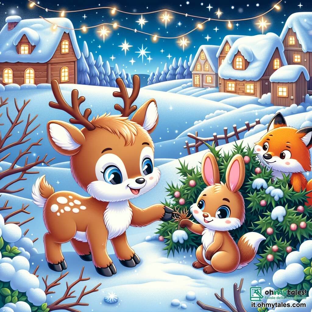 Une illustration sous forme de dessin destinée aux enfants représentant un village enchanté recouvert de neige scintillante, avec un petit renne au pelage marron clair et aux taches blanches, joyeusement en train d'aider un petit coniglio piégé dans des ronces, tandis qu'une malicieuse volpe aux yeux pétillants les observe avec un sourire, le tout sous un ciel étoilé où brillent des lumières de Noël, évoquant la magie de l'amitié et de la générosité.
