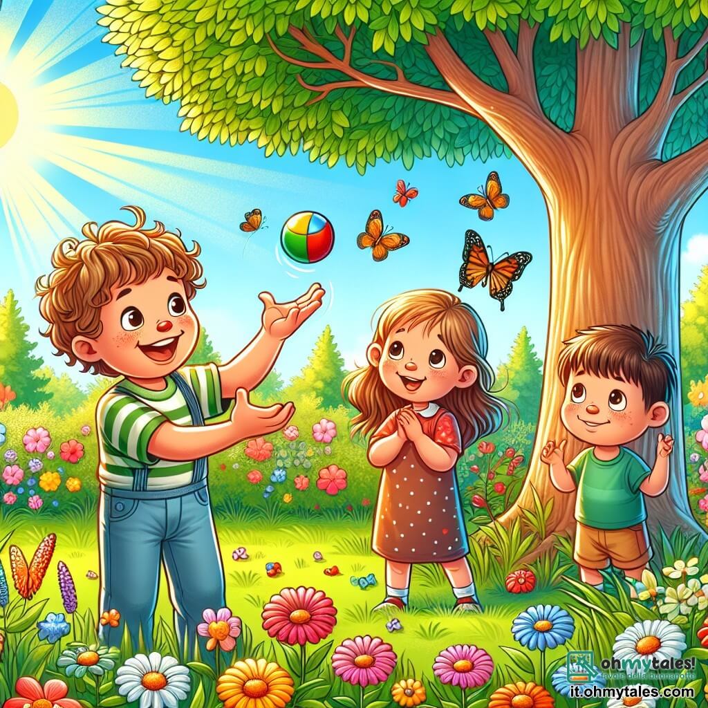 Illustrazione che rappresenta un giardino soleggiato, pieno di fiori colorati e con un grande albero frondoso al centro. L'erba è di un verde brillante e farfalle svolazzano intorno ai fiori. In primo piano, un ragazzo di circa 8 anni, con capelli ricci e un grande sorriso, tiene in mano una piccola palla rossa. Accanto a lui, una ragazza di 7 anni, con lunghi capelli castani e occhi scintillanti, guarda il ragazzo con curiosità. Un altro ragazzo, di circa 8 anni, con capelli corti e una gamba leggermente gonfia, li osserva con un'espressione un po' triste. La scena cattura il momento in cui il ragazzo dai capelli ricci fa finta di lanciare la palla in aria, mentre gli altri due bambini applaudono, incantati. L'espressione sul volto del ragazzo tradisce una leggera preoccupazione, mentre gli altri due sembrano affascinati dal suo "trucco magico". I raggi di sole illuminano la scena, creando un'atmosfera gioiosa ma con una leggera tensione.