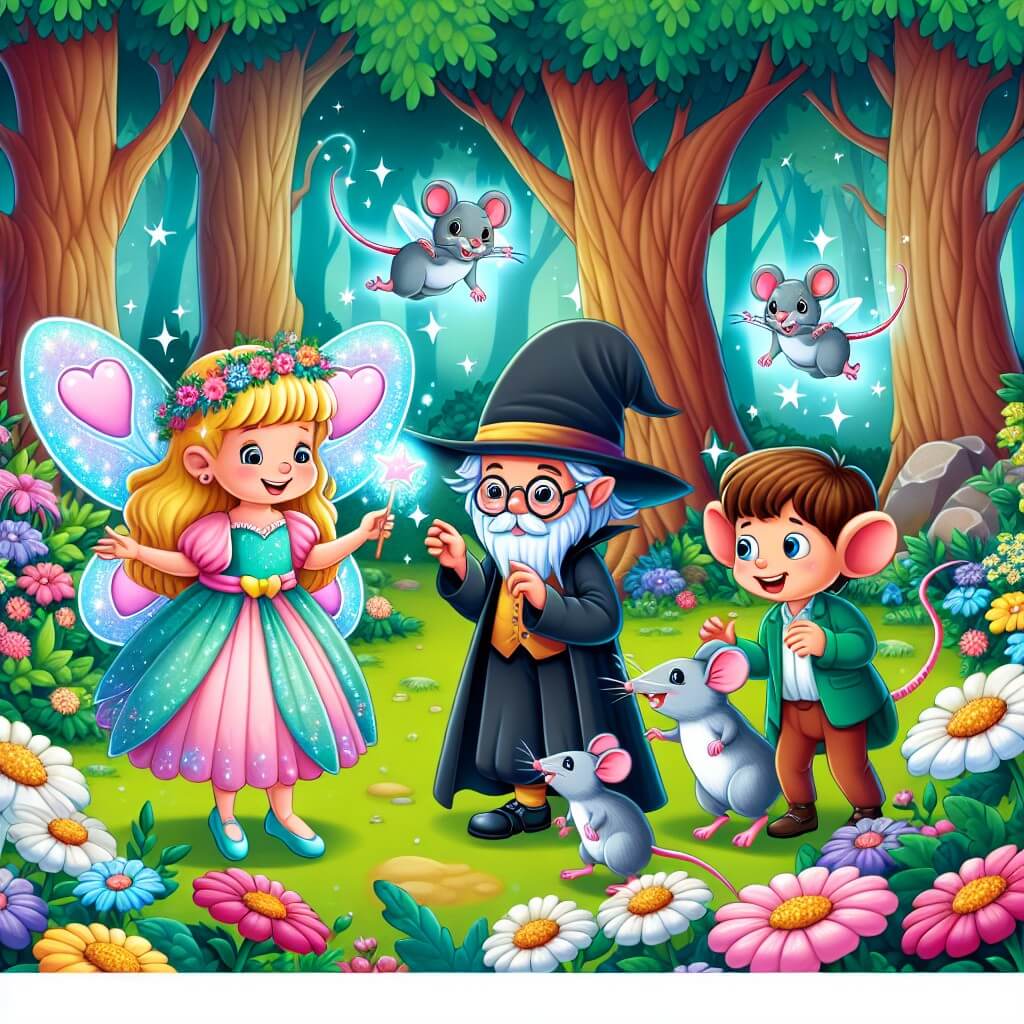 Une illustration destinée aux enfants représentant une fée aux grandes oreilles en forme de cœur, qui rencontre un magicien farfelu et un groupe de souris compétitives, dans une forêt enchantée remplie de fleurs colorées et d'arbres majestueux.