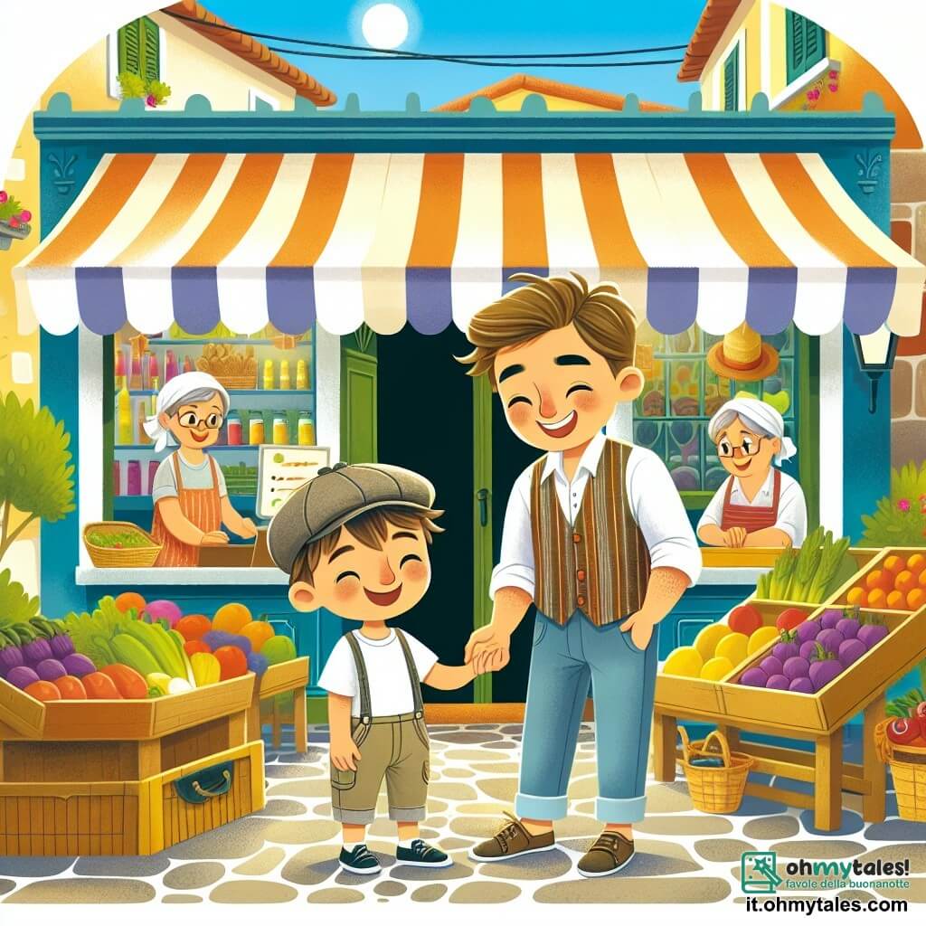 Une illustration destinée aux enfants représentant un garçon au visage souriant, vêtu de vêtements usés, aidant sa mère à travailler dans un petit magasin de quartier à la façade colorée, entourés de produits frais et de clients chaleureux, dans une rue pavée et ensoleillée d'une petite ville italienne.