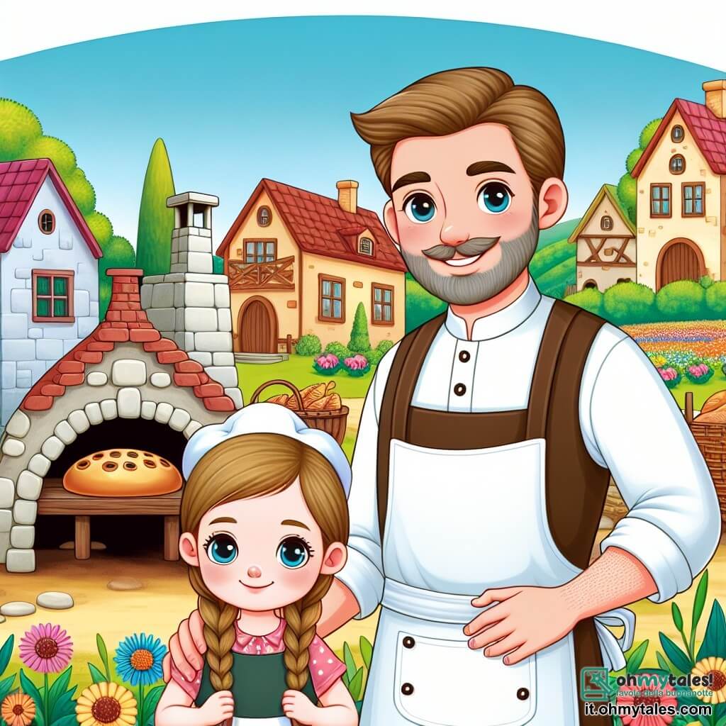 Une illustration destinée aux enfants représentant un boulanger chaleureux et attentionné, accompagné de sa fille, une petite fille aux yeux brillants, dans un charmant village avec des maisons colorées et des champs de fleurs, près d'un vieux four à bois.