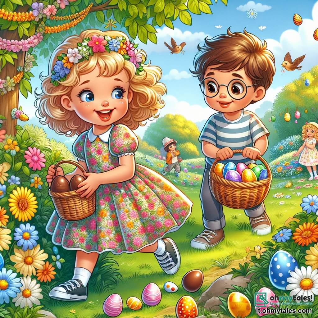 Une illustration sous forme de dessin destinée aux enfants représentant un parc ensoleillé décoré de fleurs colorées et de guirlandes de Pâques, où une fille de 7 ans aux cheveux bouclés et blonds, vêtue d'une robe printanière à fleurs, est en train de chercher des œufs en chocolat cachés dans l'herbe, tandis qu'un petit garçon aux cheveux bruns et aux lunettes rondes l'observe avec un sourire, tenant un panier rempli d'œufs colorés, le tout dans une atmosphère joyeuse et festive de célébration de Pâques.