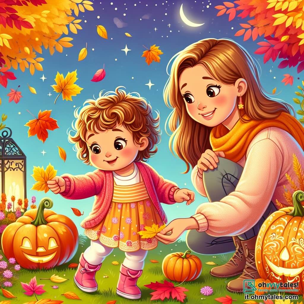 Une illustration sous forme de dessin destinée aux enfants représentant un jardin d'automne vibrant avec des feuilles jaunes, rouges et oranges tombant des arbres, où une petite fille d'environ un an, avec des cheveux bouclés et un sourire éclatant, est accroupie en train de ramasser une feuille dorée, tandis qu'à côté d'elle, sa maman, une femme souriante aux cheveux longs et bruns, l'observe avec tendresse, entourées de citrouilles décoratives et d'une lanterne sculptée qui brille doucement sous un ciel étoilé.