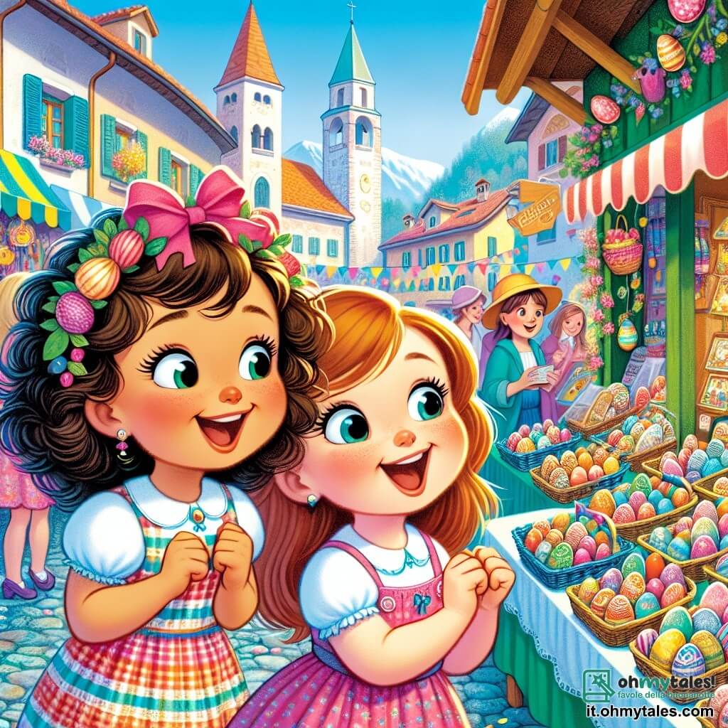 Une illustration destinée aux enfants représentant une fillette enthousiaste à l'approche de Pâques, accompagnée de sa meilleure amie, une petite fille aux cheveux bouclés, dans un marché coloré rempli d'œufs de Pâques et de décorations festives, dans la charmante ville italienne de Borgo Felice.